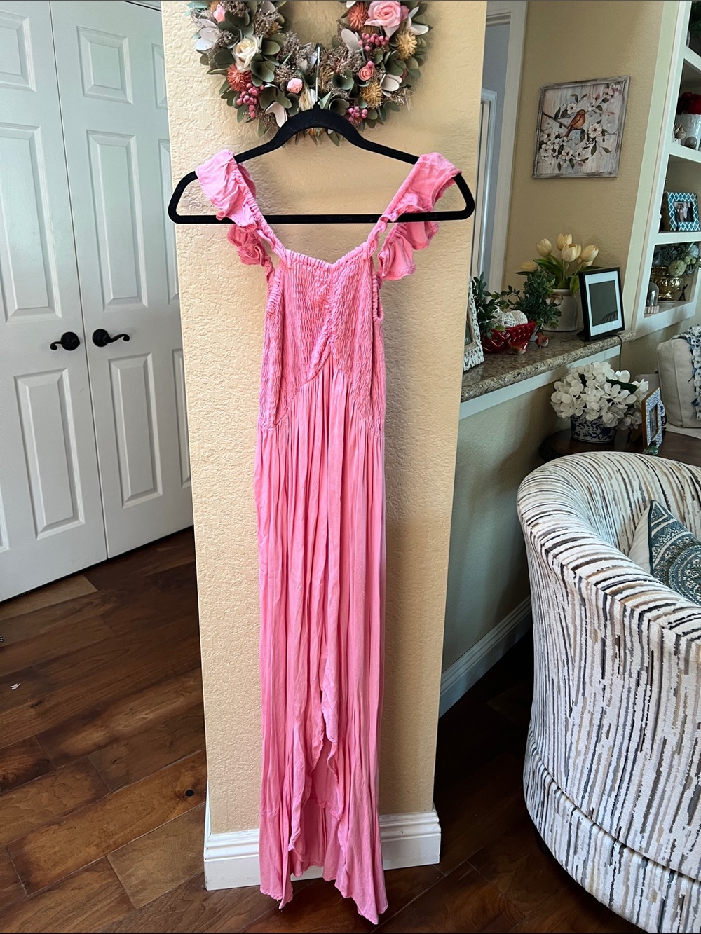 Pink Ruffle-Shoulder Maxi Hi/Low Swim Coverup
